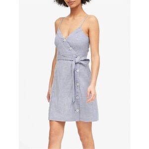 Banana Republic NWT Womens LINEN BUTTON-FRONT MINI DRESS 14 Blue Tie Waist